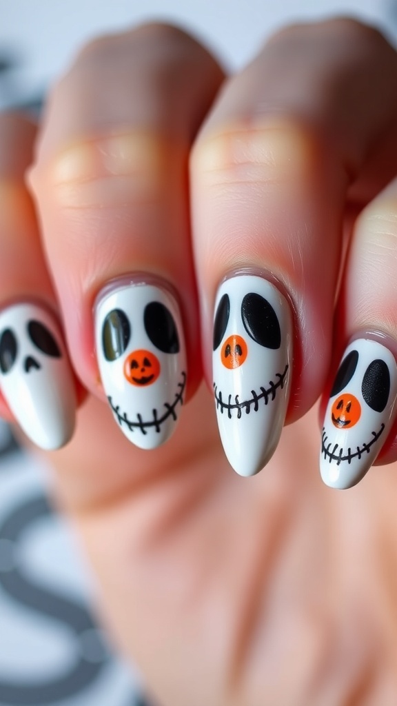 Nail art featuring Zero from The Nightmare Before Christmas with a white base and painted details.